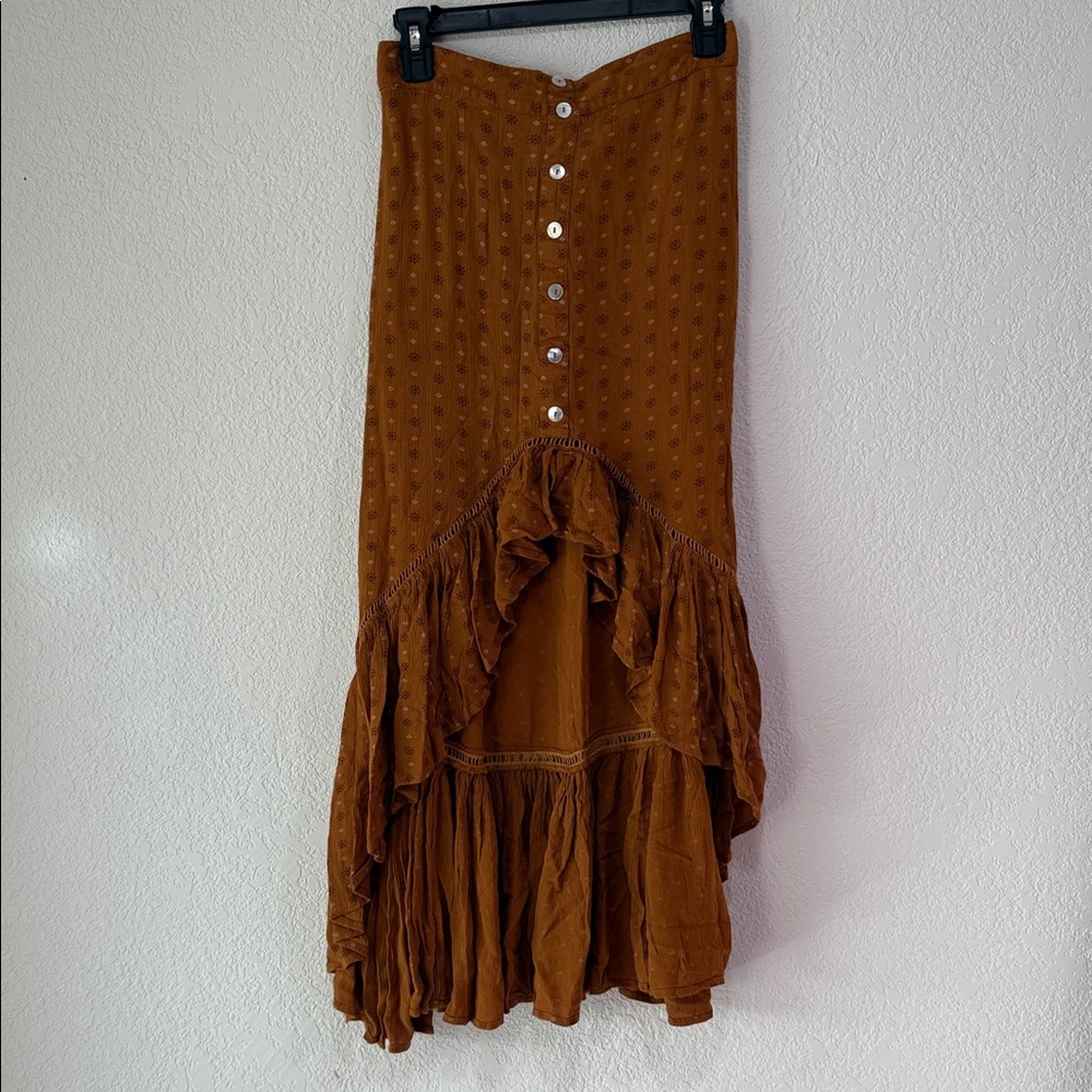 Shyanne Prairie Ruffle High Low Maxi Skirt Western Boho Button Front Brown Small - Picture 2 of 6